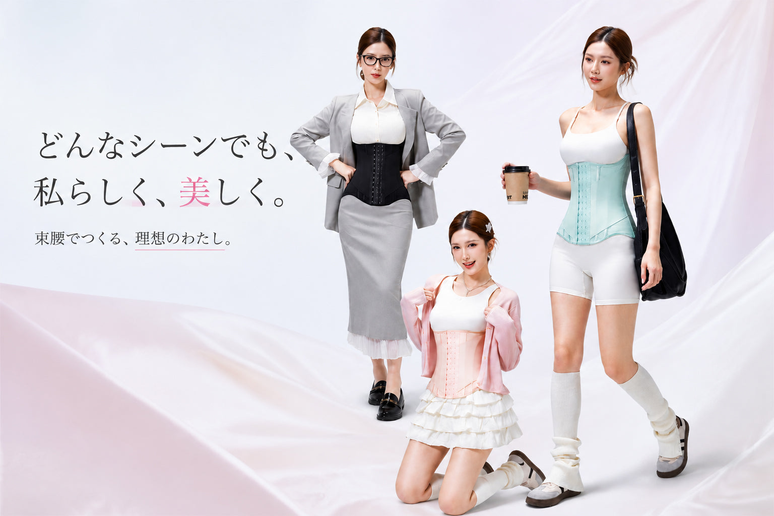 Three women modeling corset-style waist trainers in different outfits against a soft white and pink draped studio background, with Japanese promotional text on the left.