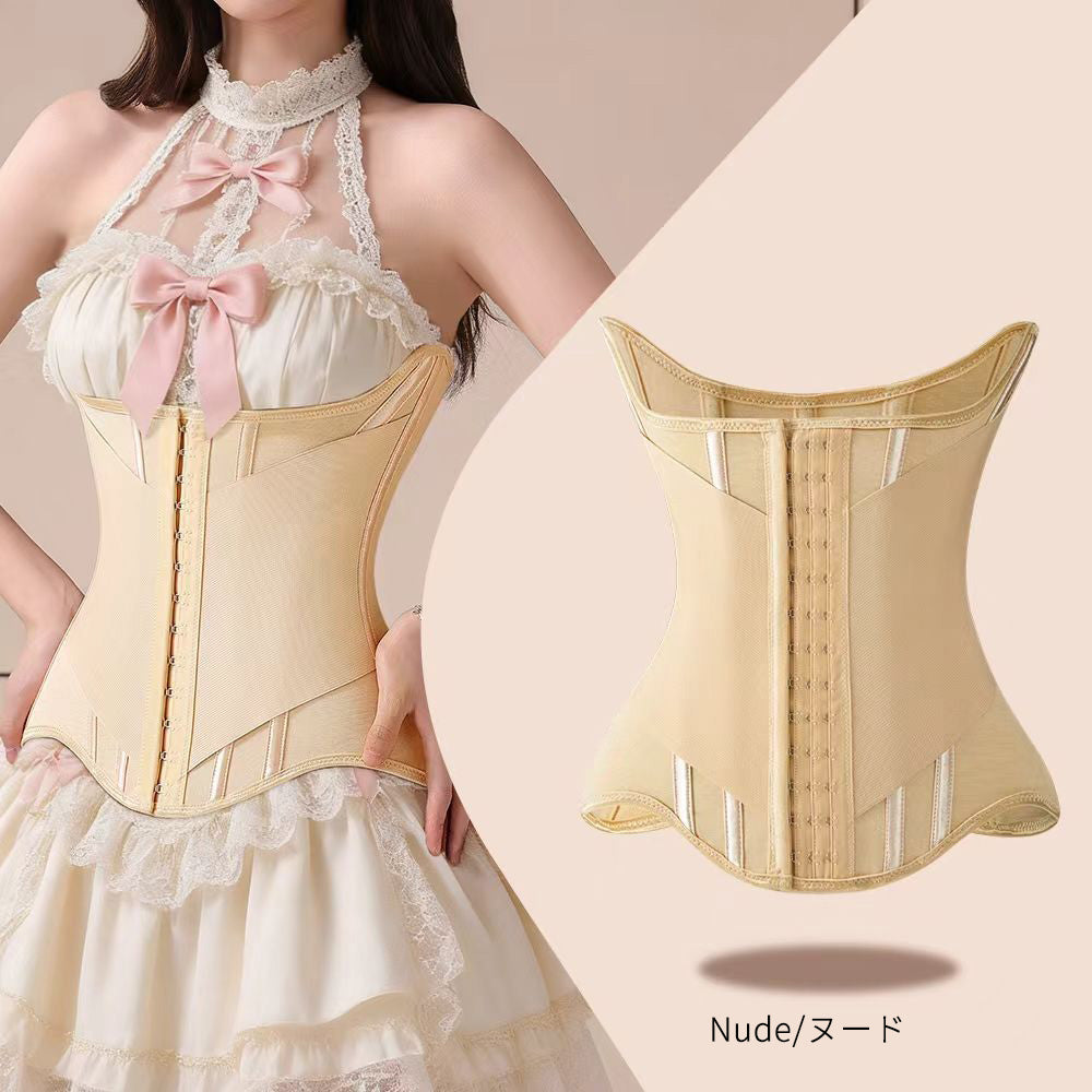 A beige structured waist trainer corset shown on a model wearing a cream lace halter dress, alongside a clean product-only view of the corset. The image is labeled 'Nude/ヌード'.
