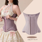 A lavender waist trainer corset shown on a model wearing a cream lace dress, alongside a clean product rendering of the back view of the corset. Japanese text at the bottom reads 'Lilac/ライラック'.