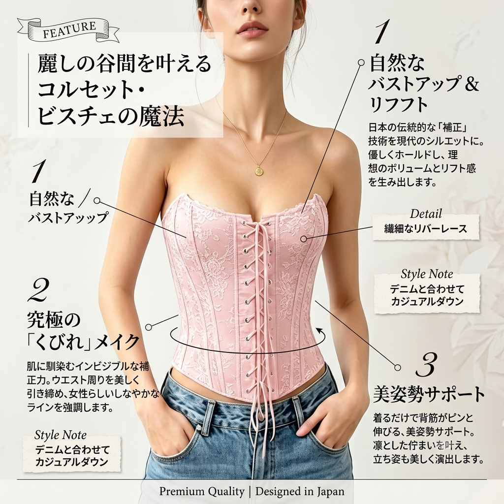 A woman wearing a pink lace corset top with front lacing, shown against a light gray background with Japanese text callouts highlighting features such as bust support, fine lace detail, and posture support.