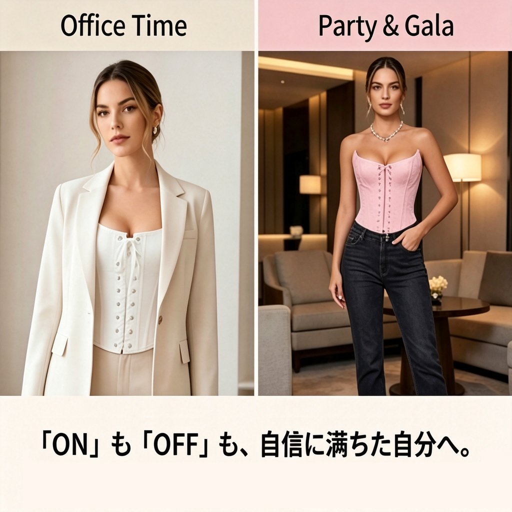 A split-screen comparison showing a woman in two different outfits labeled 'Office Time' on the left and 'Party & Gala' on the right, with Japanese text below. The left outfit is a white blazer over a white corset-style top, while the right outfit is a pink corset-style top with dark jeans.