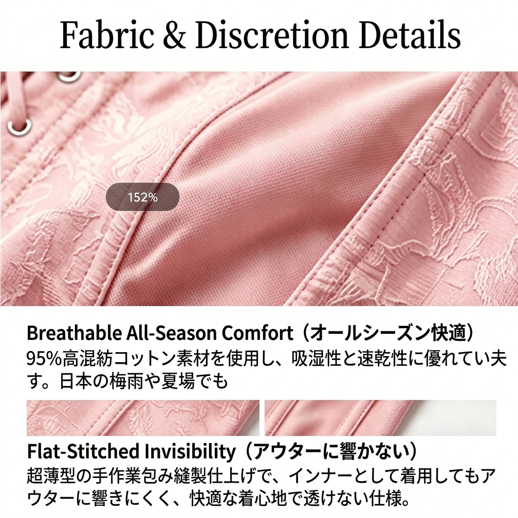 Close-up detail shot of a light pink textured fabric garment with visible stitching and a small '152%' label, accompanied by English and Japanese text describing breathability and flat-stitched invisibility.