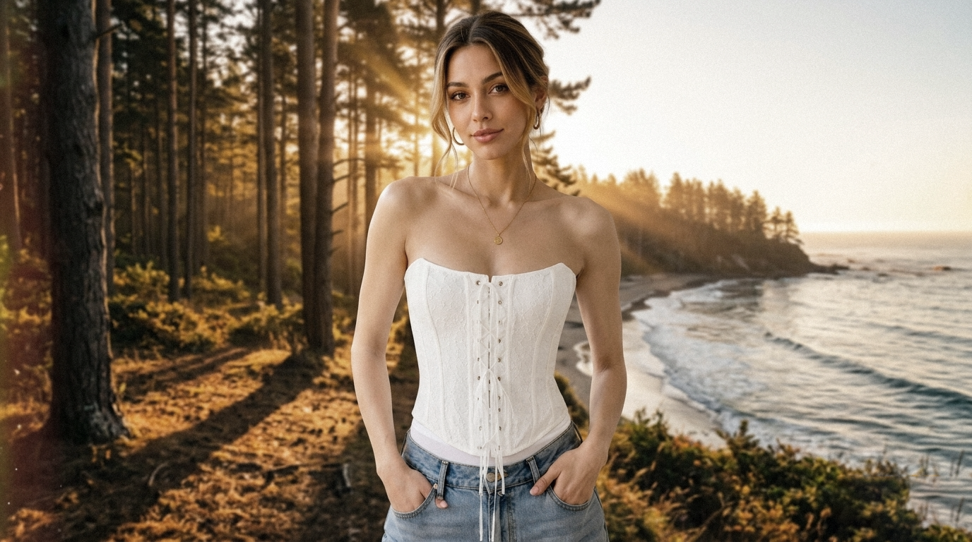 A woman stands outdoors by the ocean at sunset wearing a white strapless lace-up corset top and light blue jeans, with trees and shoreline in the background.