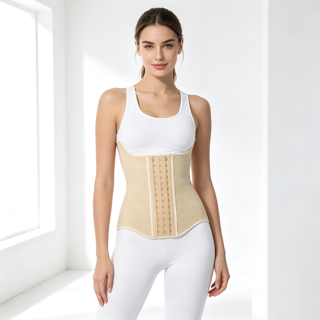 A woman modeling a beige waist trainer corset over a white tank top and white leggings in a bright, minimalist white room.