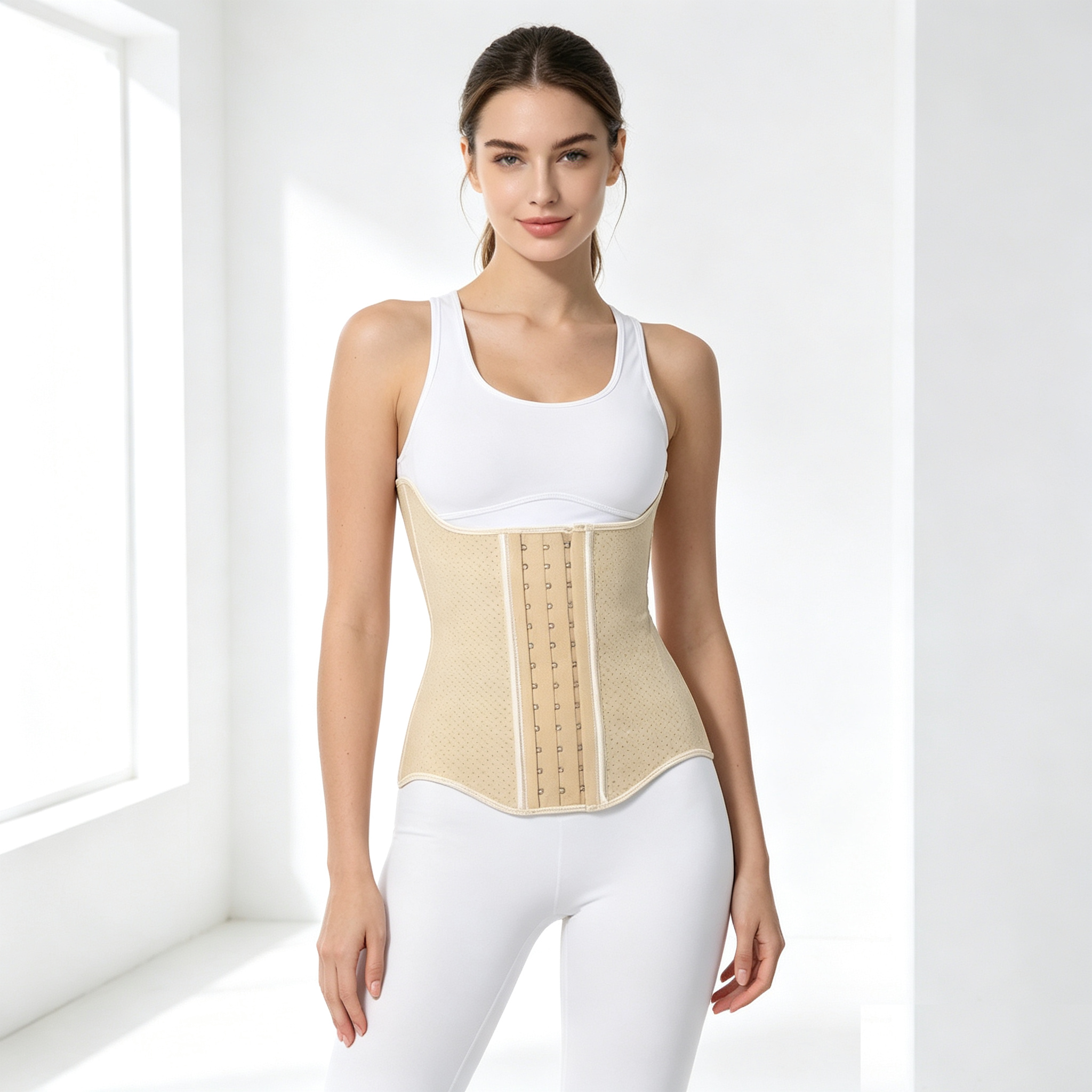 A woman modeling a beige waist trainer corset over a white tank top and white leggings in a bright, minimalist white room.