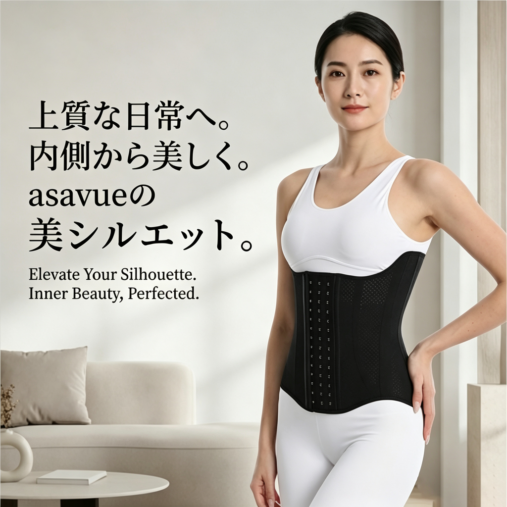 A woman wearing a black waist trainer corset over a white tank top and white leggings, standing in a bright, modern living room. Japanese and English promotional text is displayed on the left side of the image.