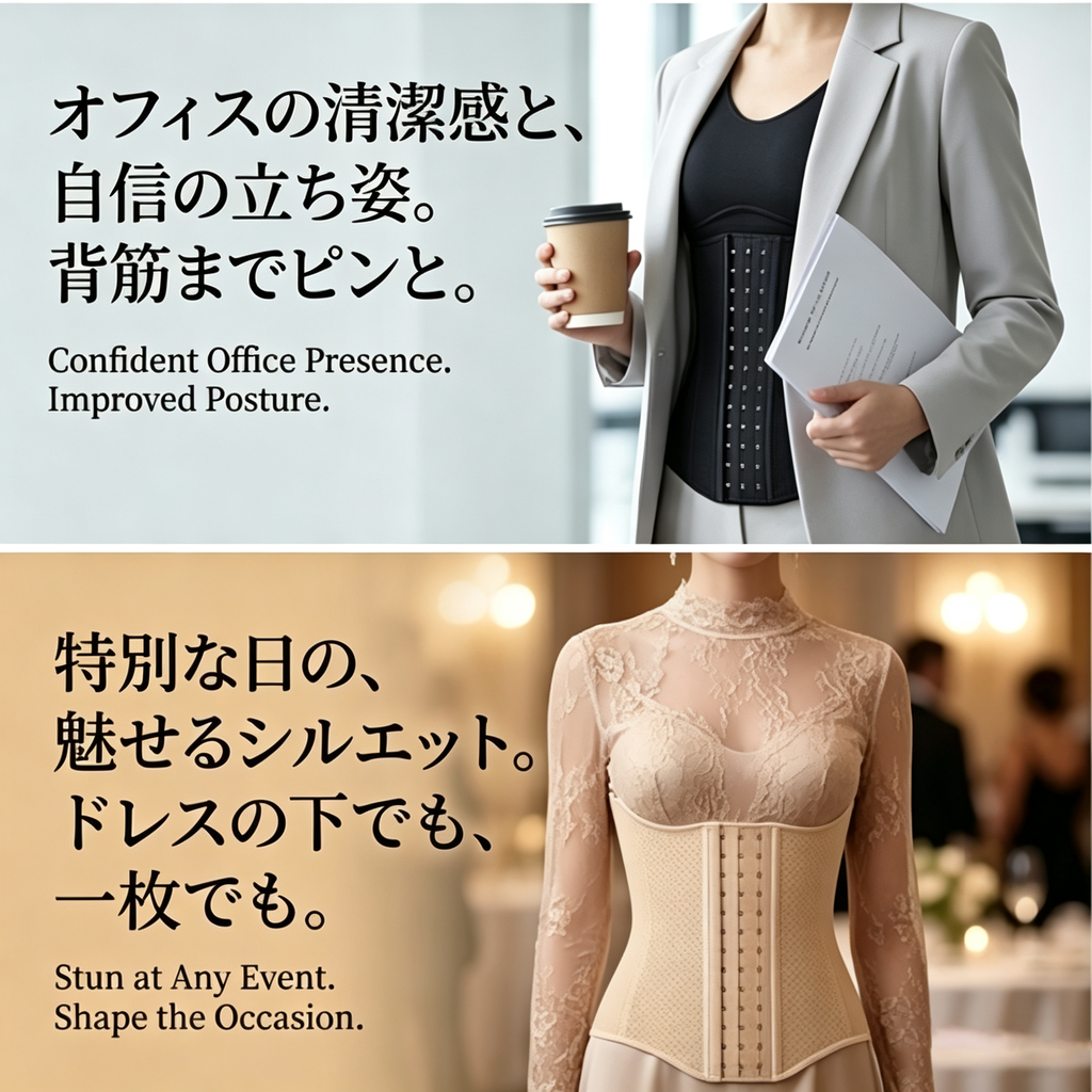 A two-panel promotional graphic showing a beige structured waist trainer corset in different contexts. The top panel shows a woman in a gray blazer wearing the corset over a black top, holding a coffee cup and papers, with Japanese and English text about confident office posture.