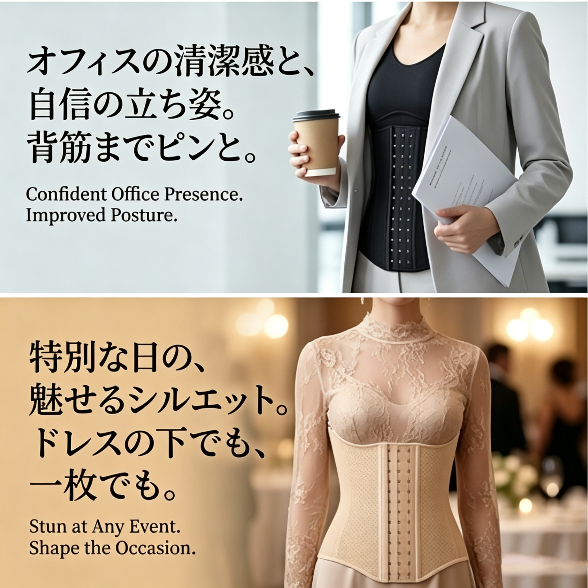 A two-panel promotional graphic showing a beige structured waist trainer corset in different contexts. The top panel shows a woman in a gray blazer wearing the corset over a black top, holding a coffee cup and papers, with Japanese and English text about confident office posture.