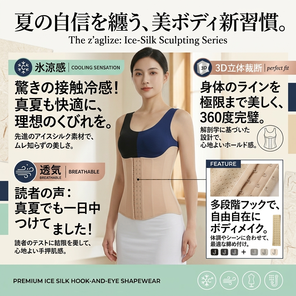 A promotional graphic for a beige ice-silk shapewear belt worn by a model, with Japanese text overlays highlighting cooling, breathable, and shaping features.