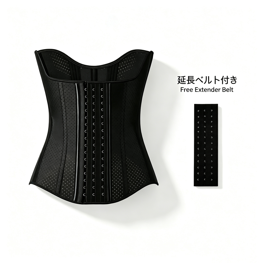 Black waist trainer corset with vertical compression panels and a separate black extender belt shown beside it on a white background, with Japanese text reading 'Free Extender Belt'.