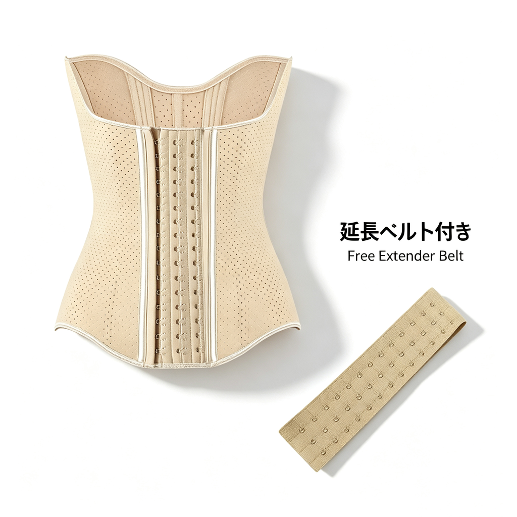 Beige structured waist trainer corset with front hook-and-eye closure, shown on a white background with a separate matching extender belt and Japanese text reading 'Free Extender Belt'.