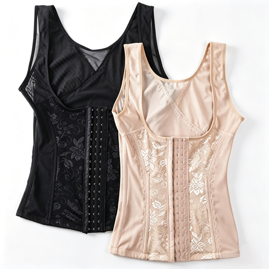 Two sleeveless corset-style camisoles shown on a plain light background: one black with floral lace and front hook-and-eye detail, and one light beige/nude with matching floral lace and center closure detail.