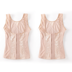 Two views of a light peach-beige shapewear vest with floral lace panels and front hook-and-eye closures, displayed on a clean white background.