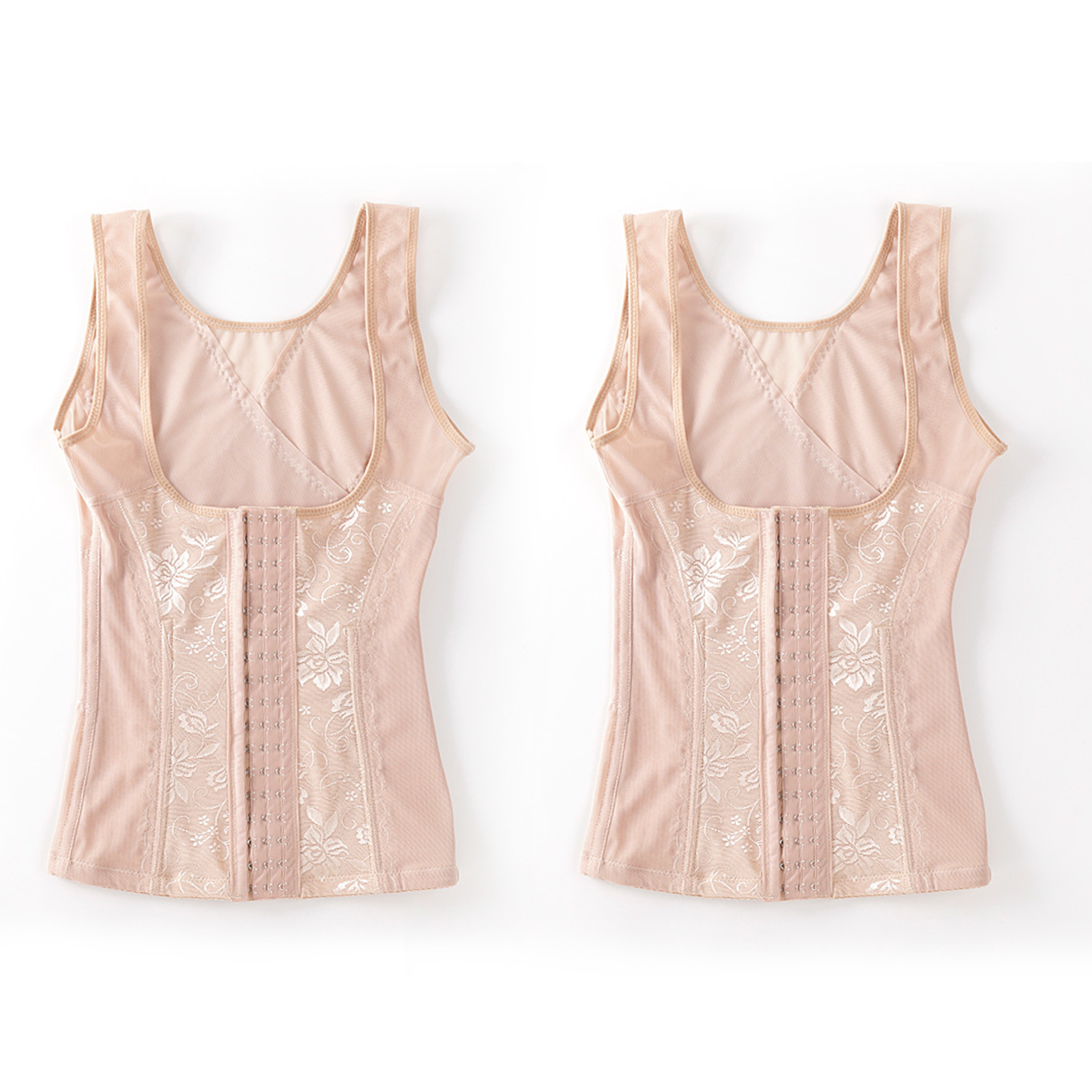 Two views of a light peach-beige shapewear vest with floral lace panels and front hook-and-eye closures, displayed on a clean white background.