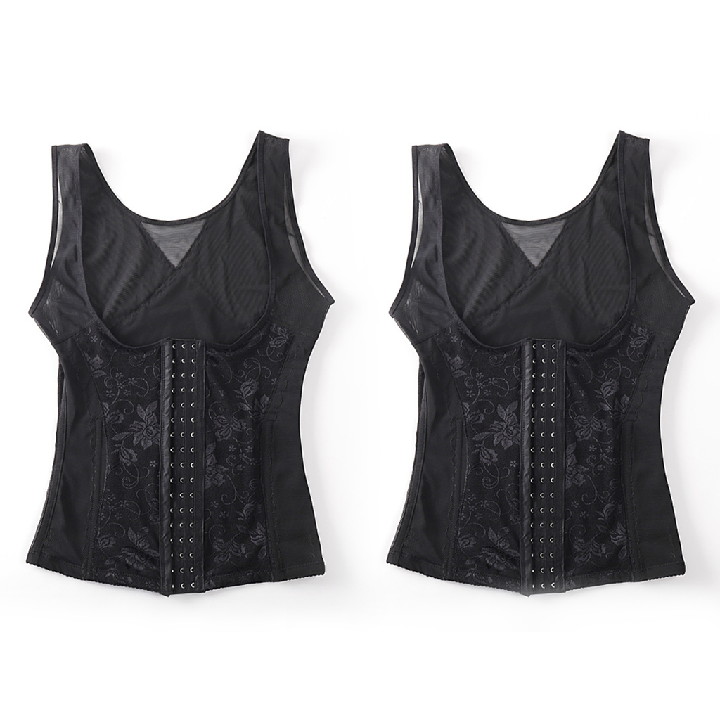 Two black sleeveless corset-style tops shown side by side on a plain white background. Each top features sheer mesh panels, a structured fitted silhouette, and decorative floral lace sections with a central lace-up closure.