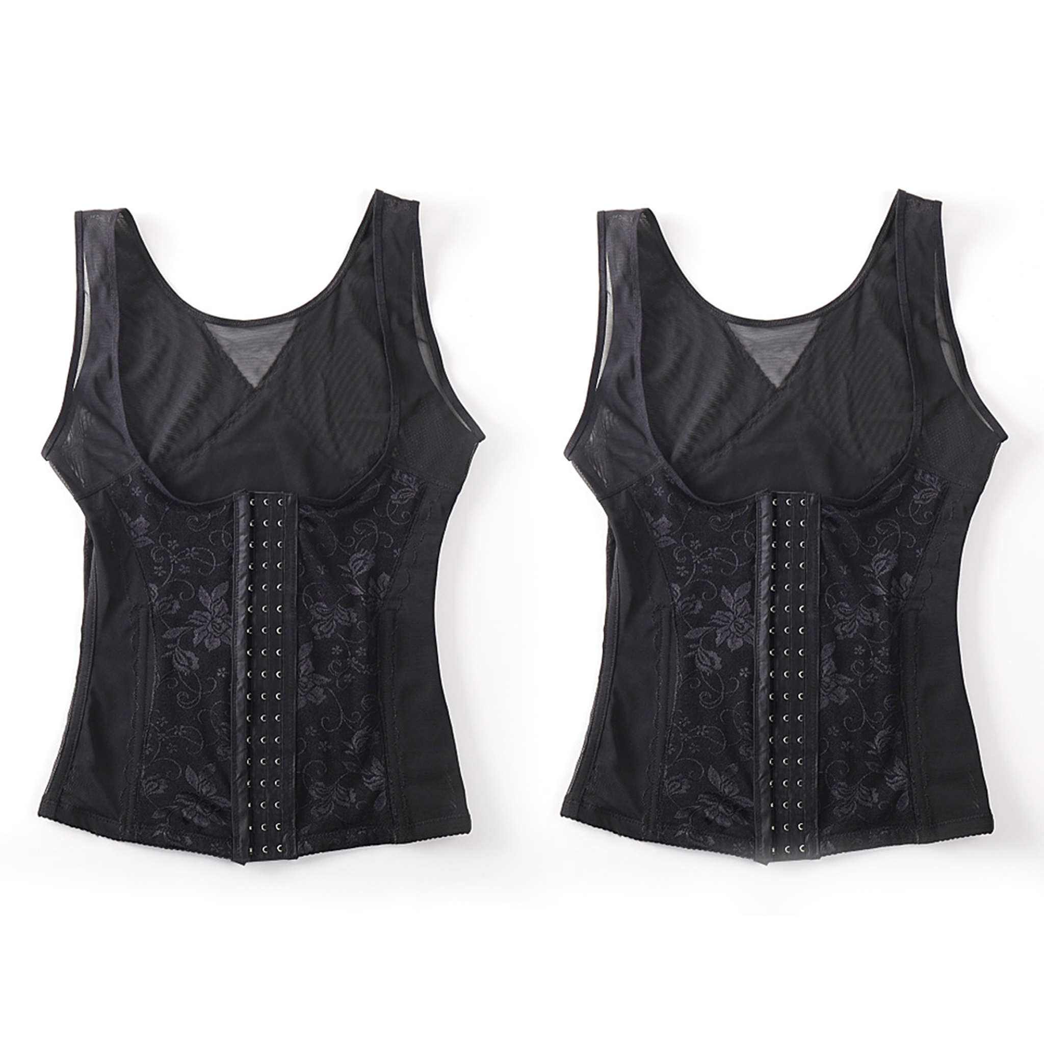 Two black sleeveless corset-style tops shown side by side on a plain white background. Each top features sheer mesh panels, a structured fitted silhouette, and decorative floral lace sections with a central lace-up closure.