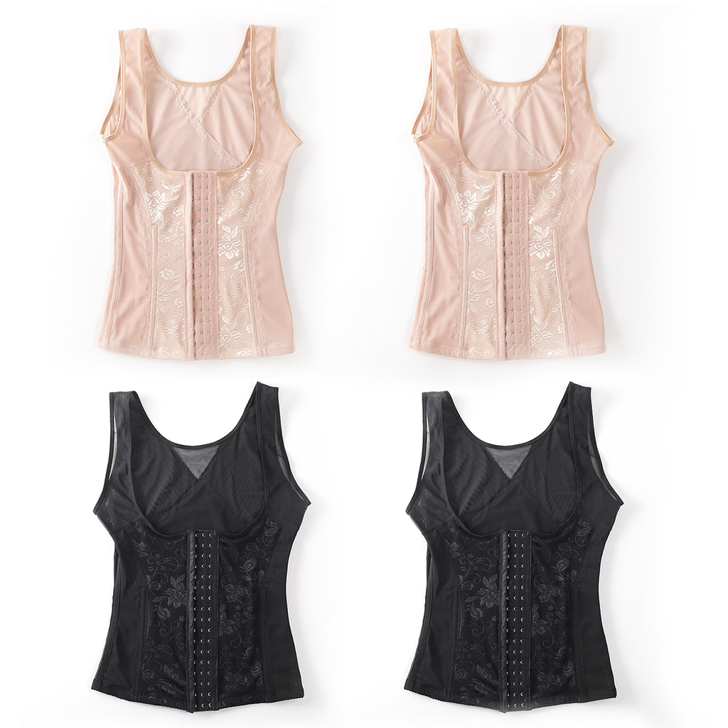 Four sleeveless corset-style tank tops arranged in a 2x2 grid on a white background, showing two light blush pink versions at the top and two black versions at the bottom. Each top is shown from the front, with lace-up center panels and embroidered or textured fabric panels on the sides.
