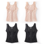 Four sleeveless corset-style tank tops arranged in a 2x2 grid on a white background, showing two light blush pink versions at the top and two black versions at the bottom. Each top is shown from the front, with lace-up center panels and embroidered or textured fabric panels on the sides.