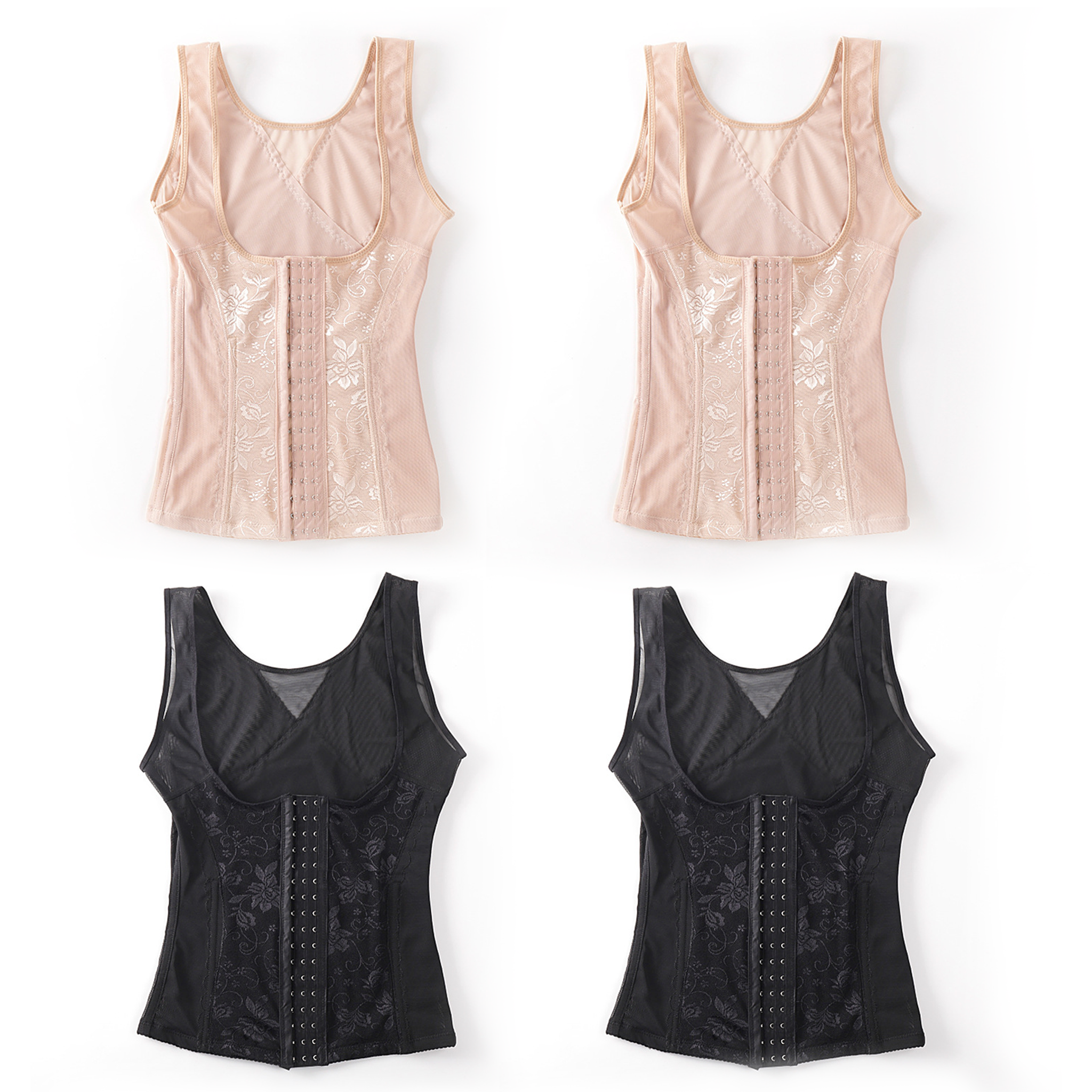 Four sleeveless corset-style tank tops arranged in a 2x2 grid on a white background, showing two light blush pink versions at the top and two black versions at the bottom. Each top is shown from the front, with lace-up center panels and embroidered or textured fabric panels on the sides.