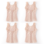 Four views of a light pink corset-style tank top arranged in a 2x2 grid on a white background.