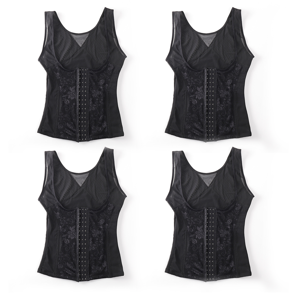 Four views of a black sleeveless corset top with sheer mesh and lace detailing, arranged in a 2x2 grid on a white background.