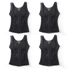 Four views of a black sleeveless corset top with sheer mesh and lace detailing, arranged in a 2x2 grid on a white background.