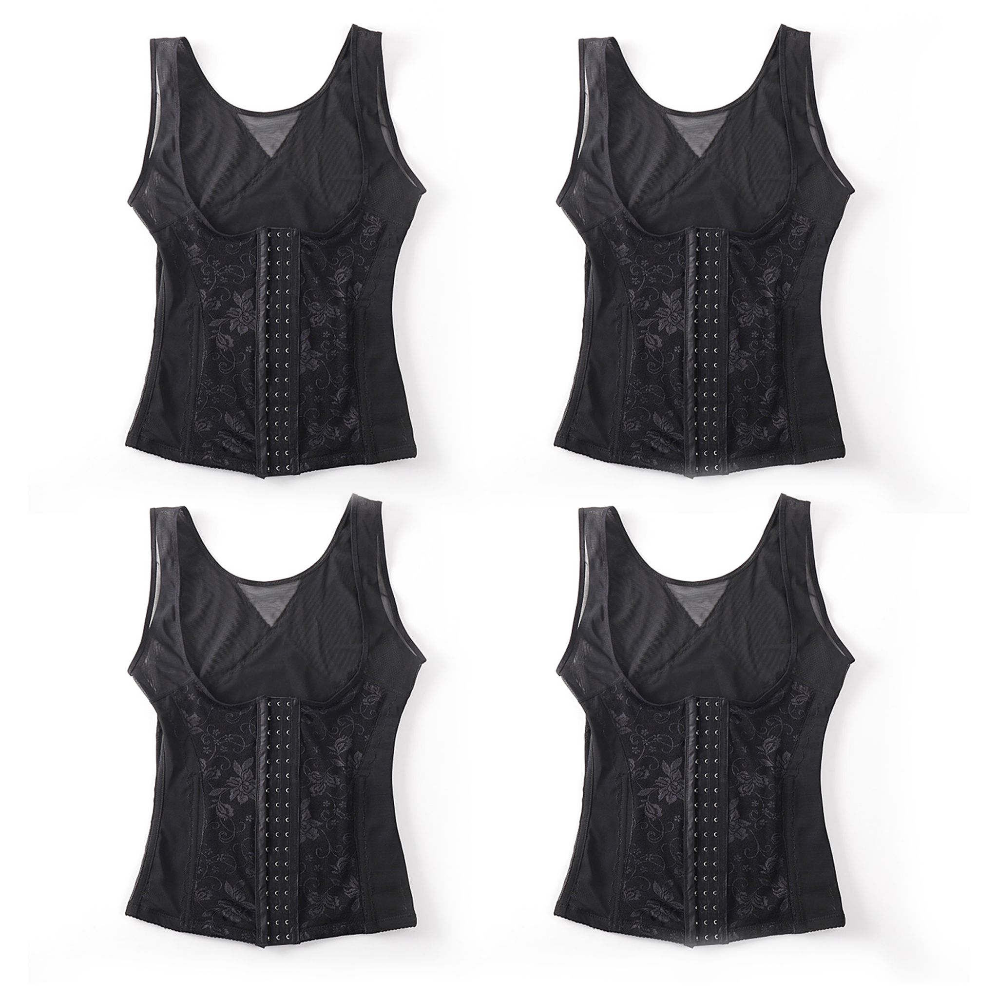 Four views of a black sleeveless corset top with sheer mesh and lace detailing, arranged in a 2x2 grid on a white background.