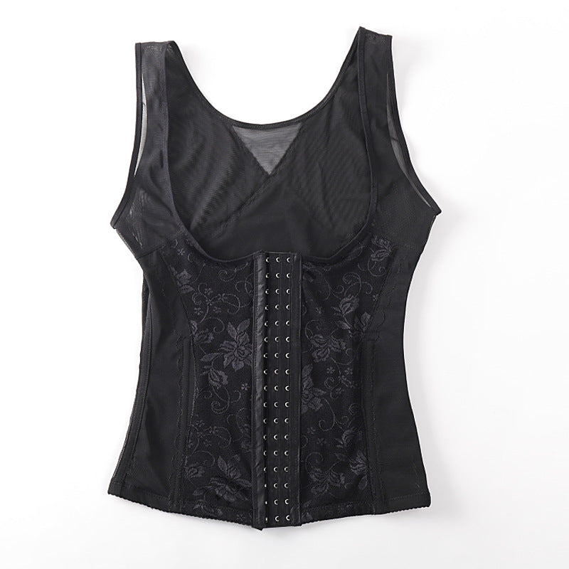 Black corset vest with lace details on a white background