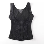 Black corset vest with lace details on a white background