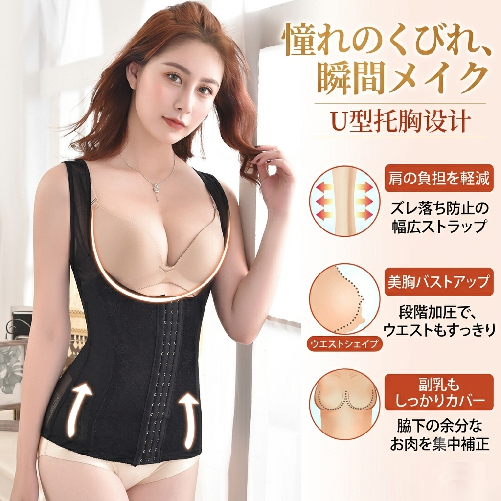 A woman modeling a black U-shaped underbust corset shapewear vest with beige trim, shown against a bright indoor background with Japanese promotional text and feature callouts on the right.