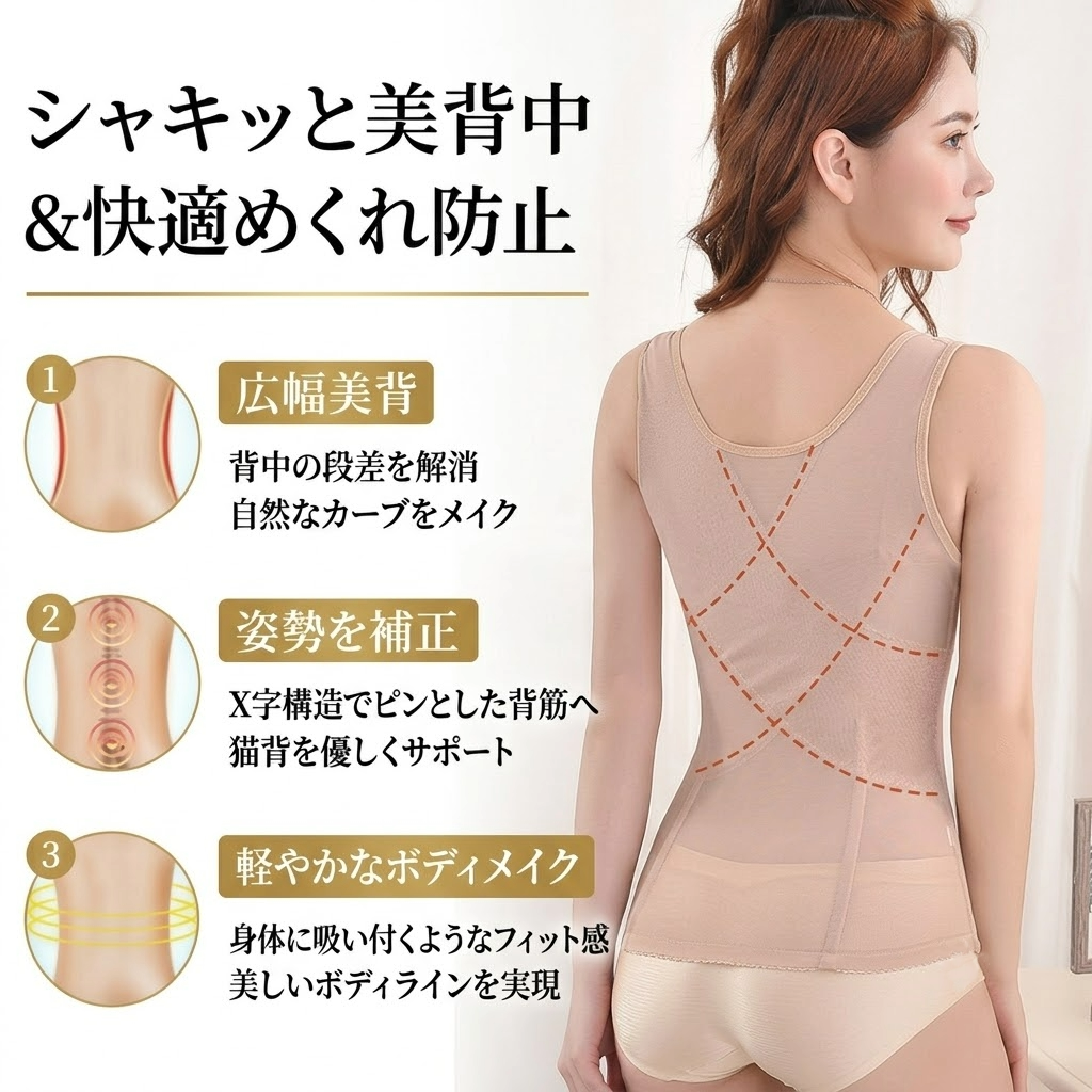 A woman shown from the back wearing a beige back-shaping bodysuit, with Japanese text and three inset diagrams explaining the product's fit and support benefits.