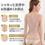 A woman shown from the back wearing a beige back-shaping bodysuit, with Japanese text and three inset diagrams explaining the product's fit and support benefits.