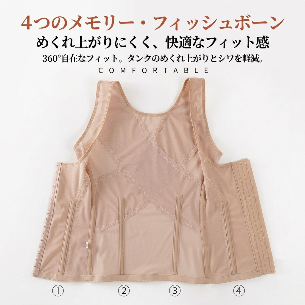 A beige shapewear vest with four adjustable hook-and-loop belly bands, shown on a white background with Japanese text and numbered callouts indicating the adjustable waist sections.