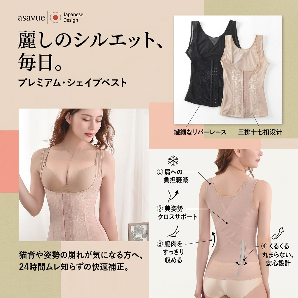 Promotional graphic for an undergarment shapewear vest in Japanese, showing a woman modeling a beige vest, two product cutouts in black and beige, and annotated back/hip support features with arrows and text.