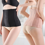 Two models wearing high-waisted shaping underwear in black and light pink, shown from the back and side to demonstrate the waist-trimming fit.