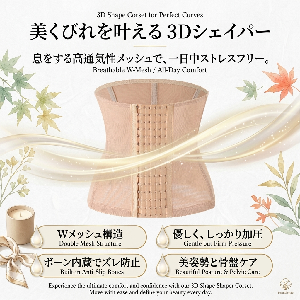 A beige 3D shape corset shown on a light cream background with Japanese promotional text, decorative leaves, and small candle illustrations. The corset is centered and appears to be the product being advertised.