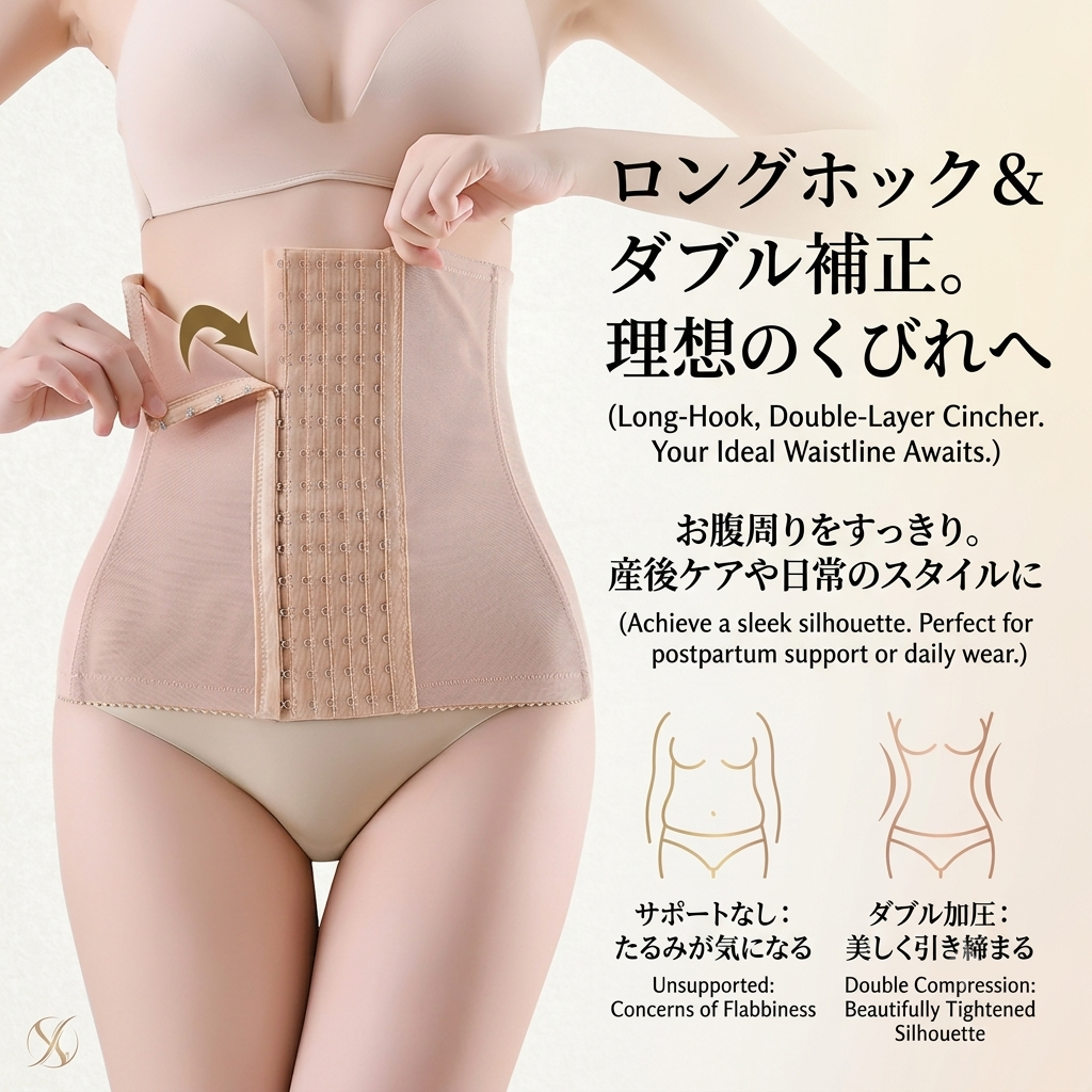 A model wearing a beige postpartum waist trainer cincher with a long hook and double-layer design, shown against a light beige background with Japanese and English text describing its benefits.