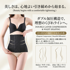 Promotional image for a black double-layer compression waist trainer shown on a model. The left side features a woman wearing the black shapewear belt over beige underwear, with Japanese text and English copy highlighting double-layer compression and waist shaping.