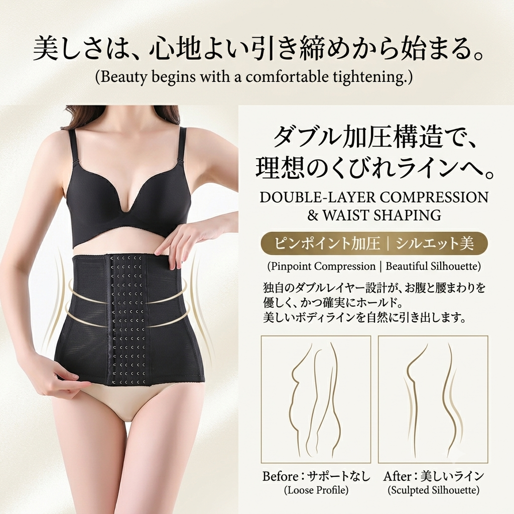 Promotional image for a black double-layer compression waist trainer shown on a model. The left side features a woman wearing the black shapewear belt over beige underwear, with Japanese text and English copy highlighting double-layer compression and waist shaping.
