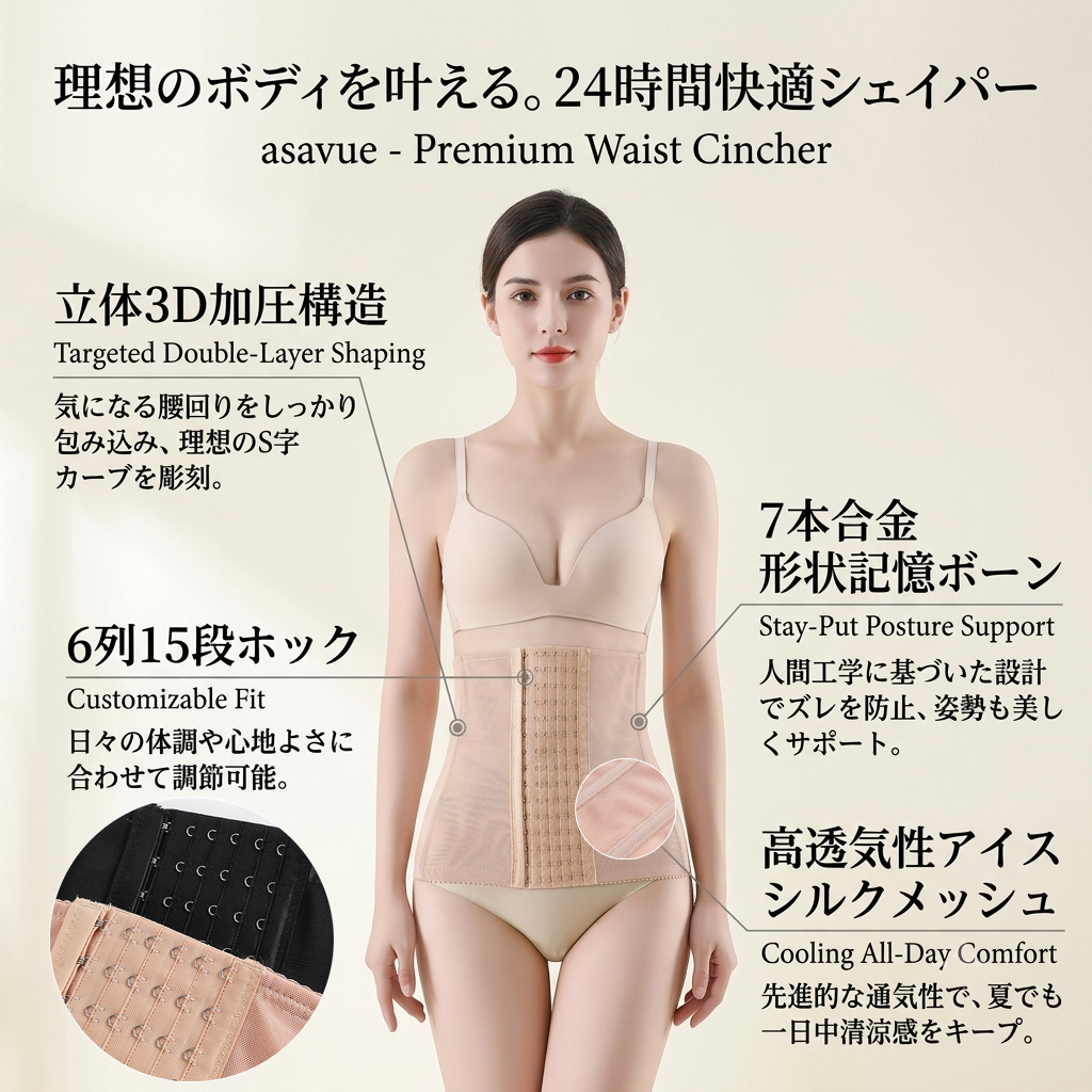 A woman modeling a beige waist cincher shaper with Japanese marketing text overlays, showing product features and a close-up inset of the adjustable hook-and-loop closure.