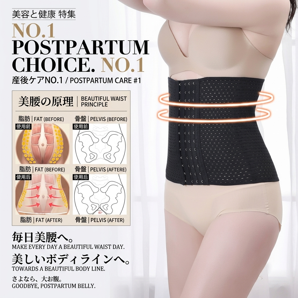 A woman modeling a black postpartum waist trainer shaper around her midsection, shown against a light indoor background with Japanese promotional text and a before/after pelvic diagram on the left.