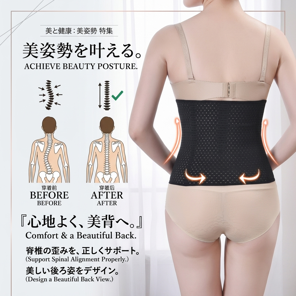 A woman shown from the back wearing a beige shapewear bra and underwear, with a large black waist-trimming shapewear panel overlaid on the lower back. The image includes Japanese text, before/after spine diagrams, and curved orange arrows indicating posture support.