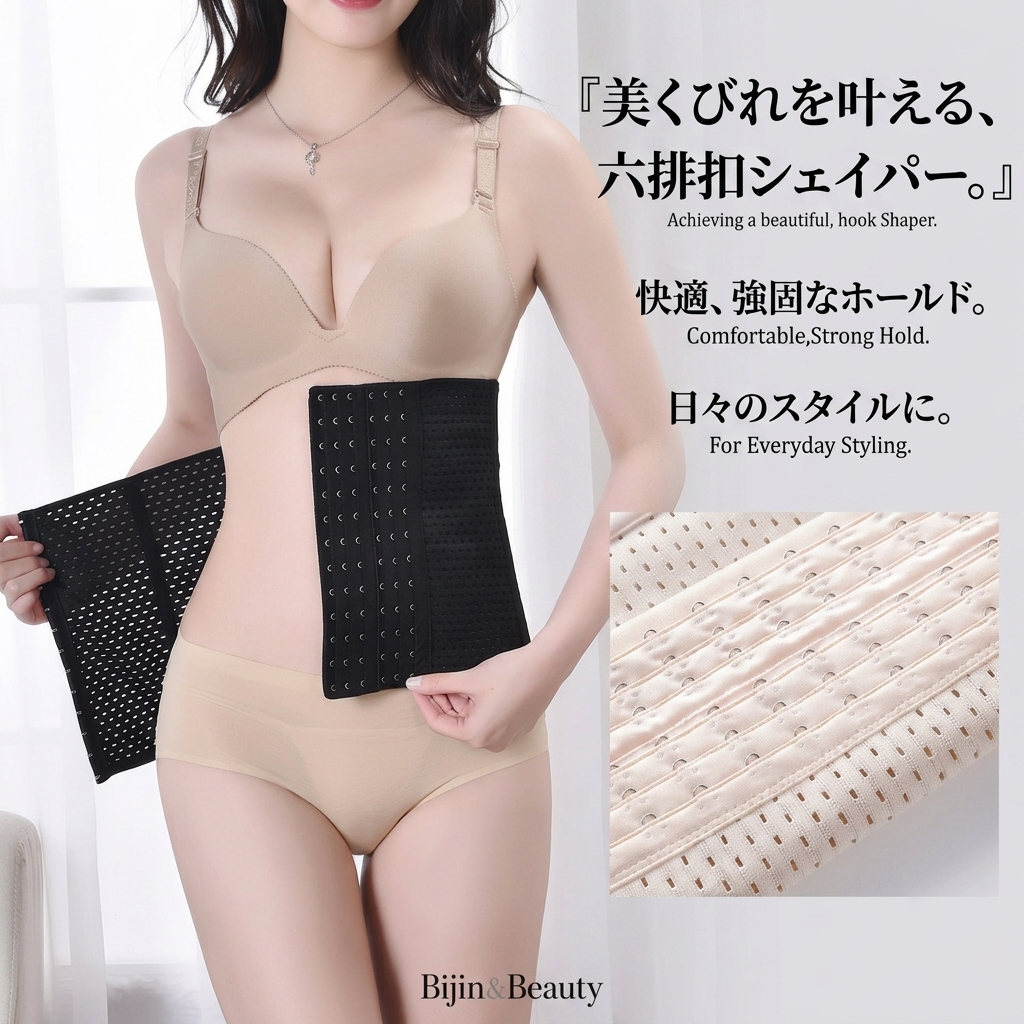 A woman modeling a beige underwire bra and high-waisted briefs while wearing a black waist trainer belt with a matching black mesh panel. She holds the black mesh panel in her hand.