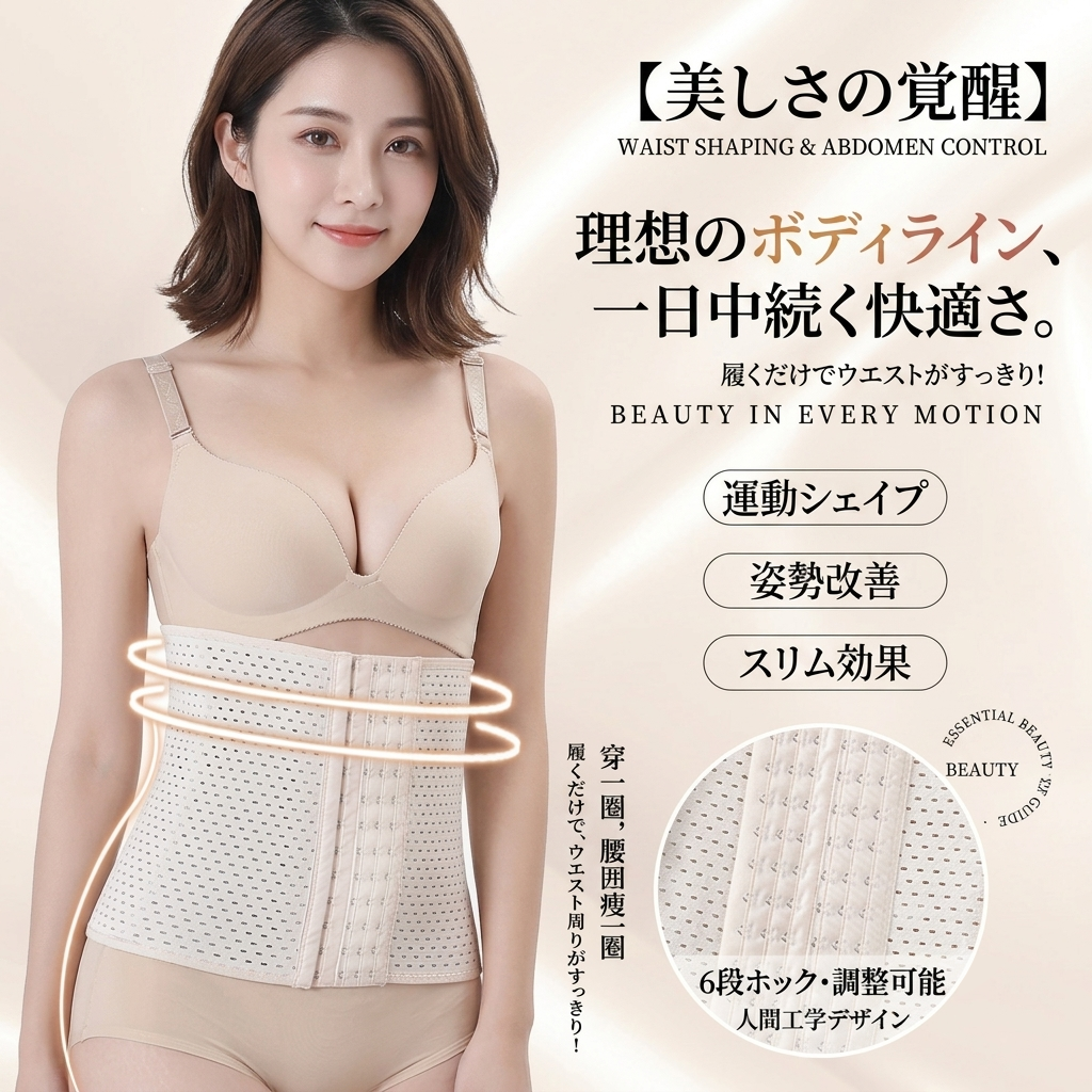 A woman modeling a beige waist-trimming shapewear belt with a mesh panel and central hook-and-loop closure, shown against a soft beige background with Japanese promotional text and a fabric detail inset.