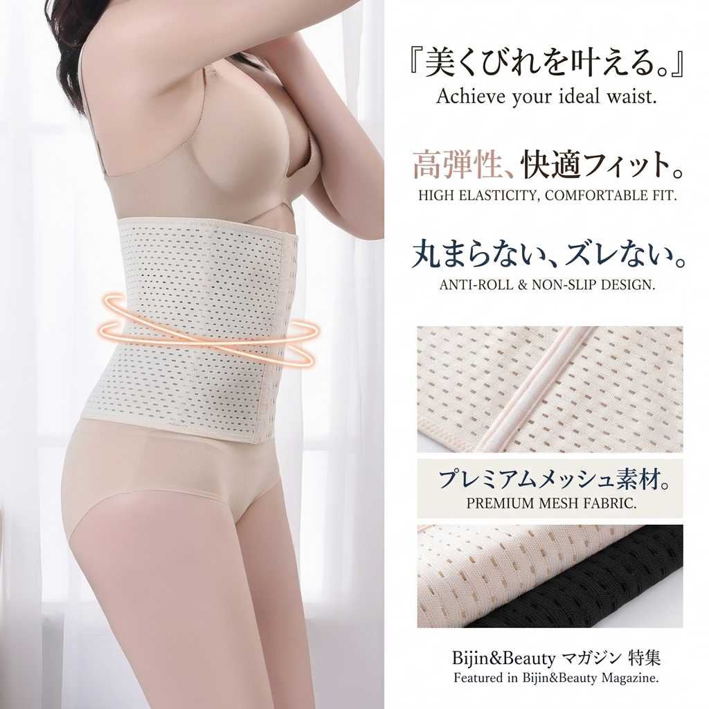 A woman modeling a beige waist-trimming shapewear belt with mesh panels, shown against a bright indoor background with Japanese marketing text and fabric detail inset photos.