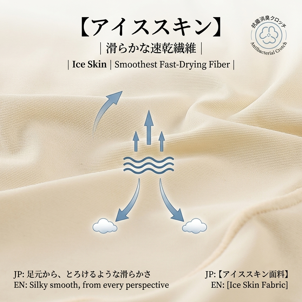 A fabric close-up in a warm off-white/cream tone with Japanese and English text describing 'Ice Skin' and smooth fast-drying fiber, plus simple arrows and cloud icons illustrating breathability.
