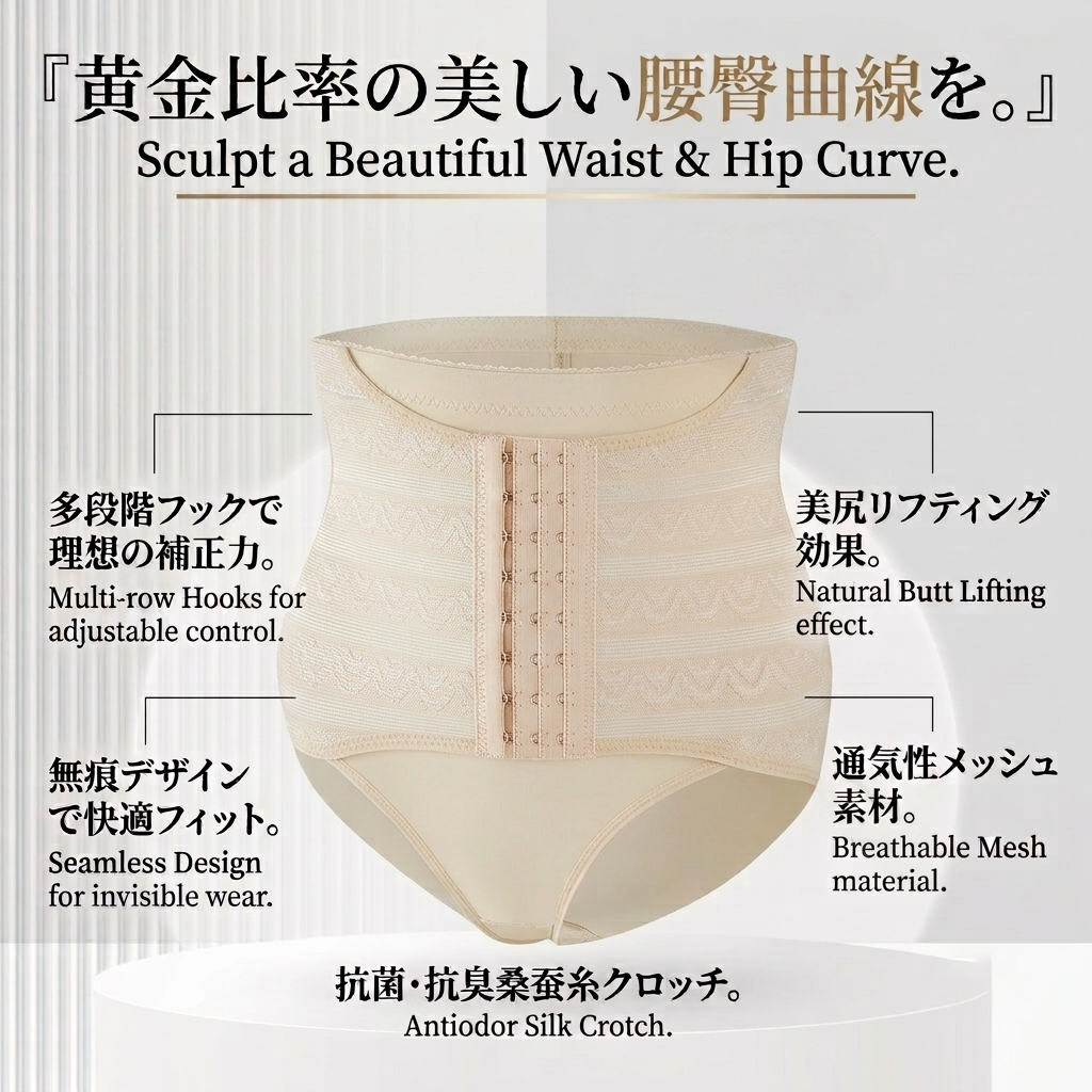 Beige waist trainer briefs with Japanese and English text overlays describing features such as multi-row hook adjustment, natural butt lifting effect, seamless design, breathable mesh material, and antiodor silk crotch.