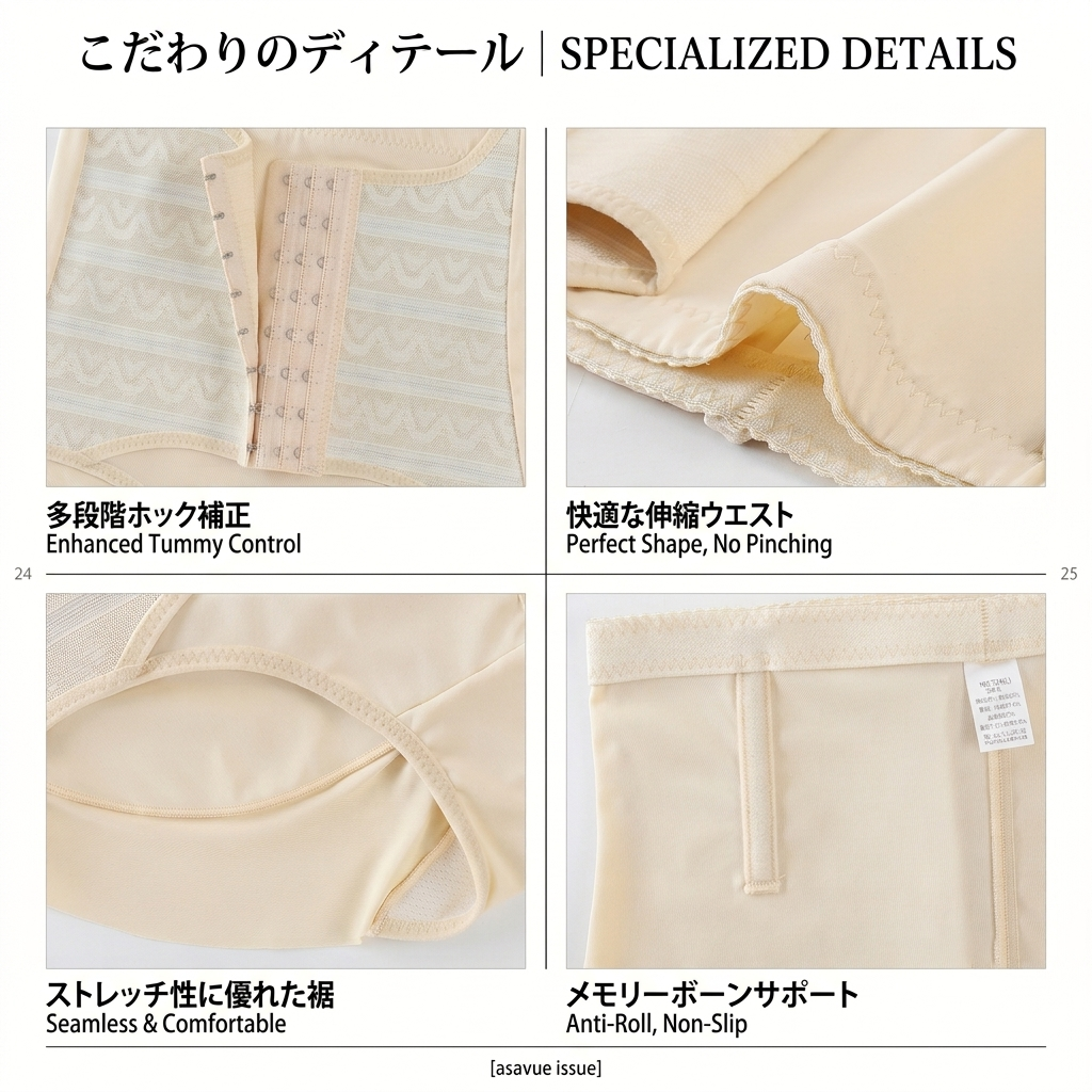 A model from the back wearing high-waisted beige shapewear briefs with Japanese promotional text overlaid on a soft white curtain background.