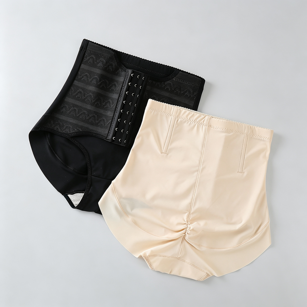 Two high-waisted compression briefs laid flat on a light gray background: one black with a lace-up front panel and one nude beige with a gathered front seam.