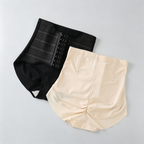 Two high-waisted compression briefs laid flat on a light gray background: one black with a lace-up front panel and one nude beige with a gathered front seam.